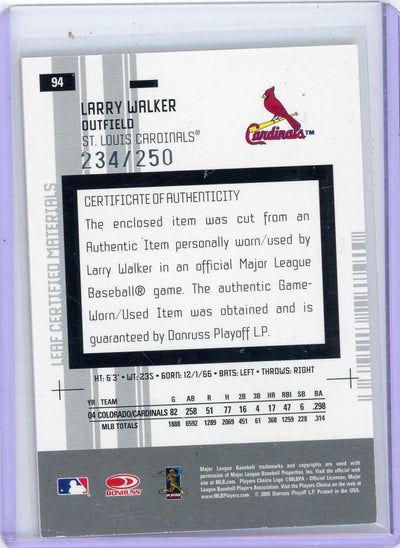 Larry Walker 2005 Leaf Certified Materials Jersey Relic Mirror Red #'d 234/250