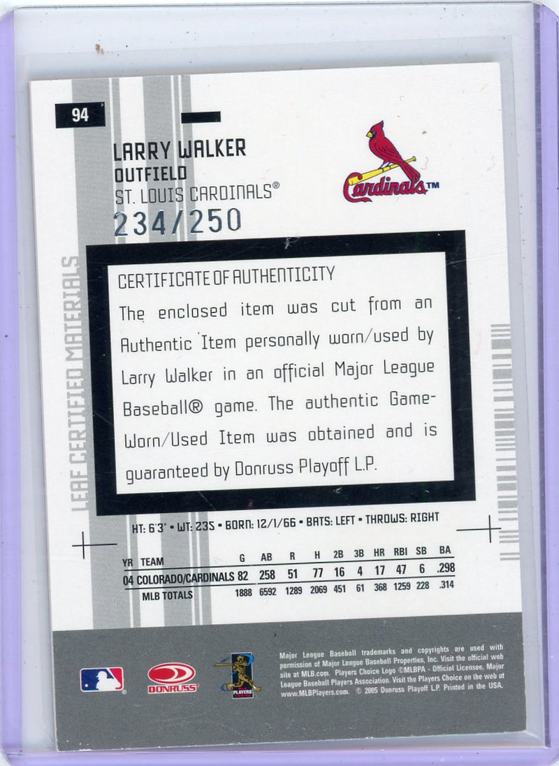 Larry Walker 2005 Leaf Certified Materials Jersey Relic Mirror Red 