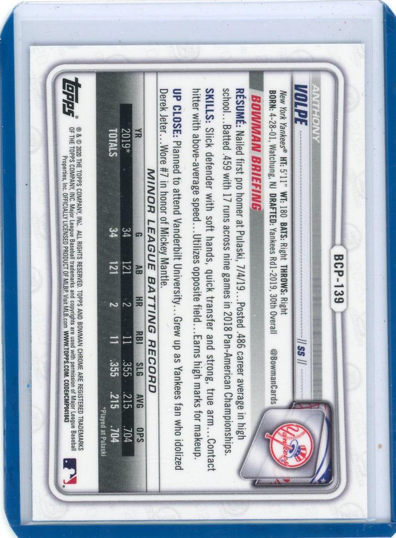 Amthony Volpe 2020 Bowman Chrome Sapphire 1st Bowman