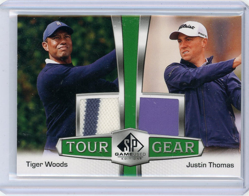 Tiger Woods Justin Thomas Upper Deck SP Game Used Tour Gear dual relic