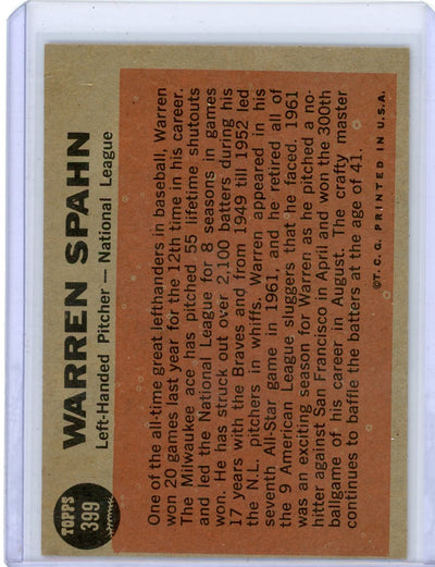 Warren Spahn 1962 Topps #399 The Sporting News