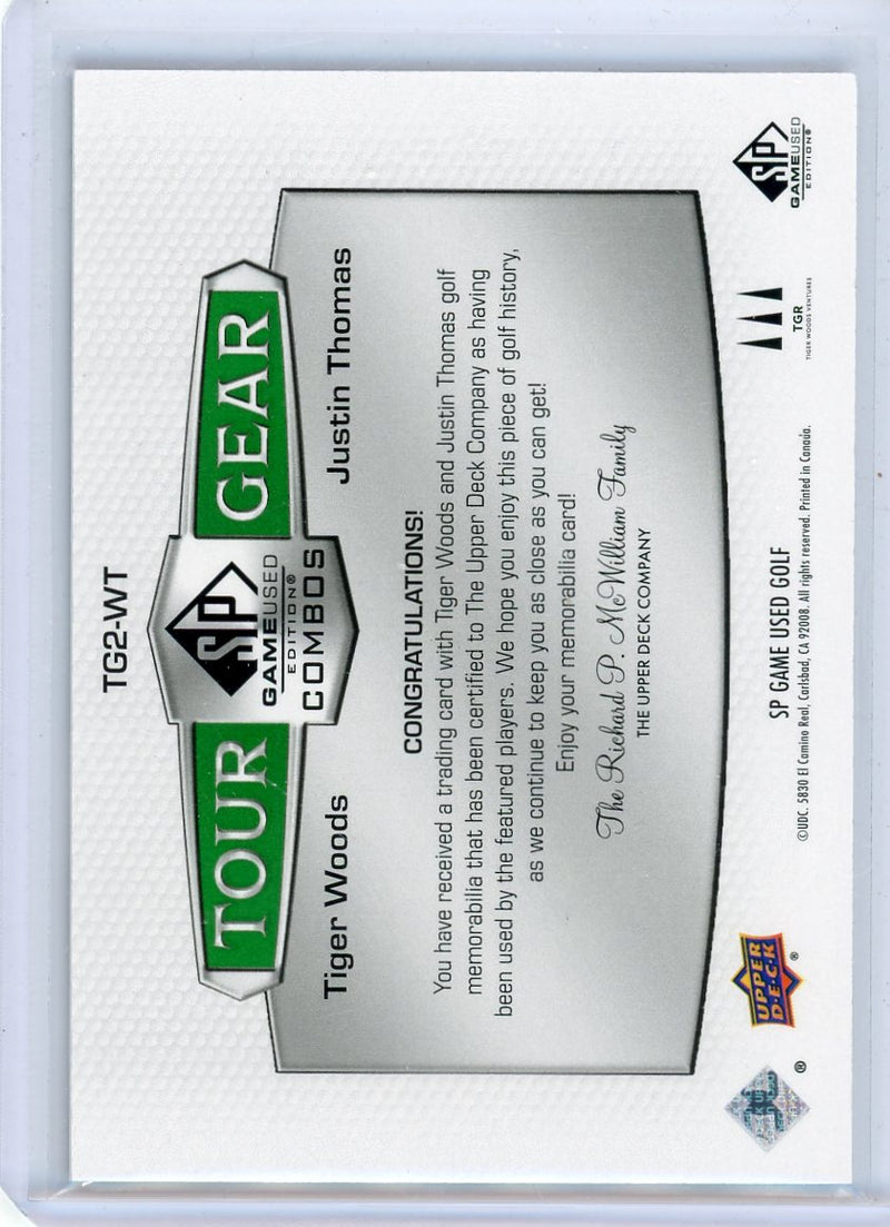 Tiger Woods Justin Thomas Upper Deck SP Game Used Tour Gear dual relic