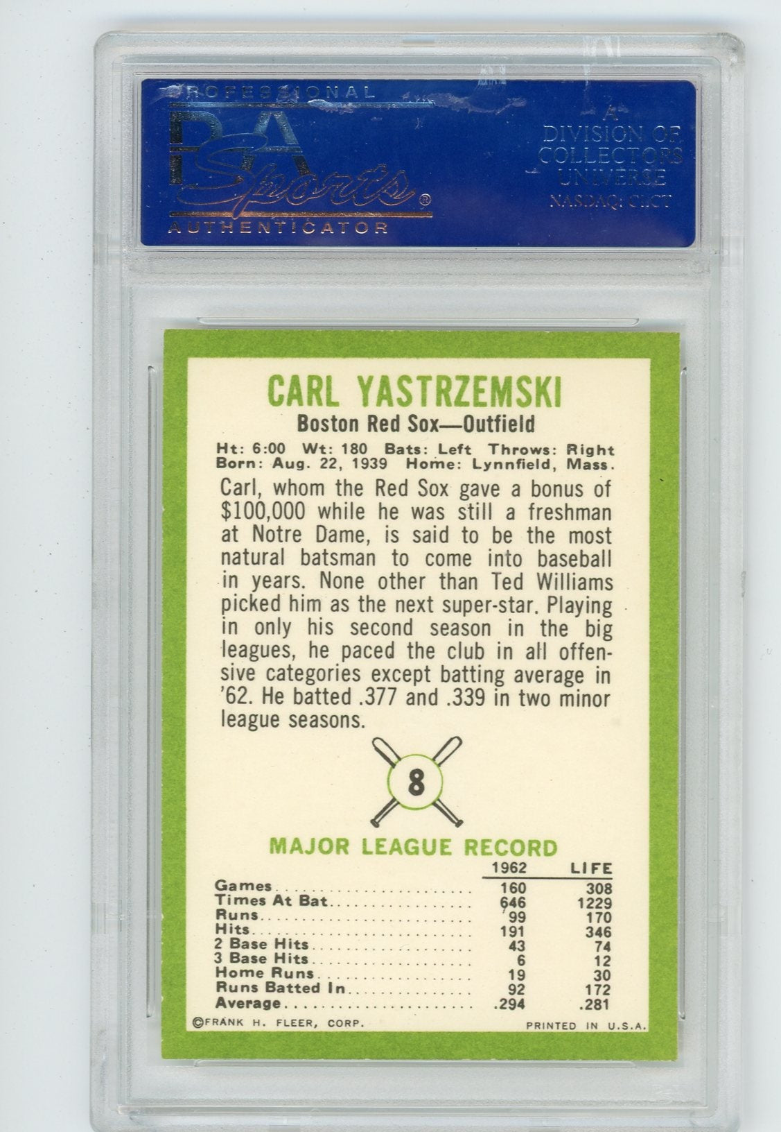 Carl Yastrzemski 1963 Fleer #8 PSA 8