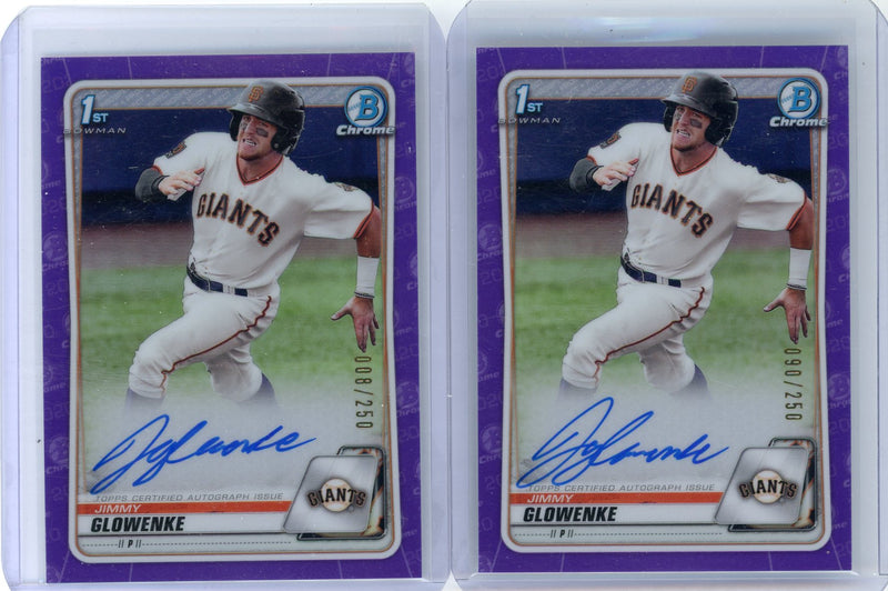 Jimmy Glowenke 2020 1st Bowman Chrome autograph purple ref. 2-card lot /250