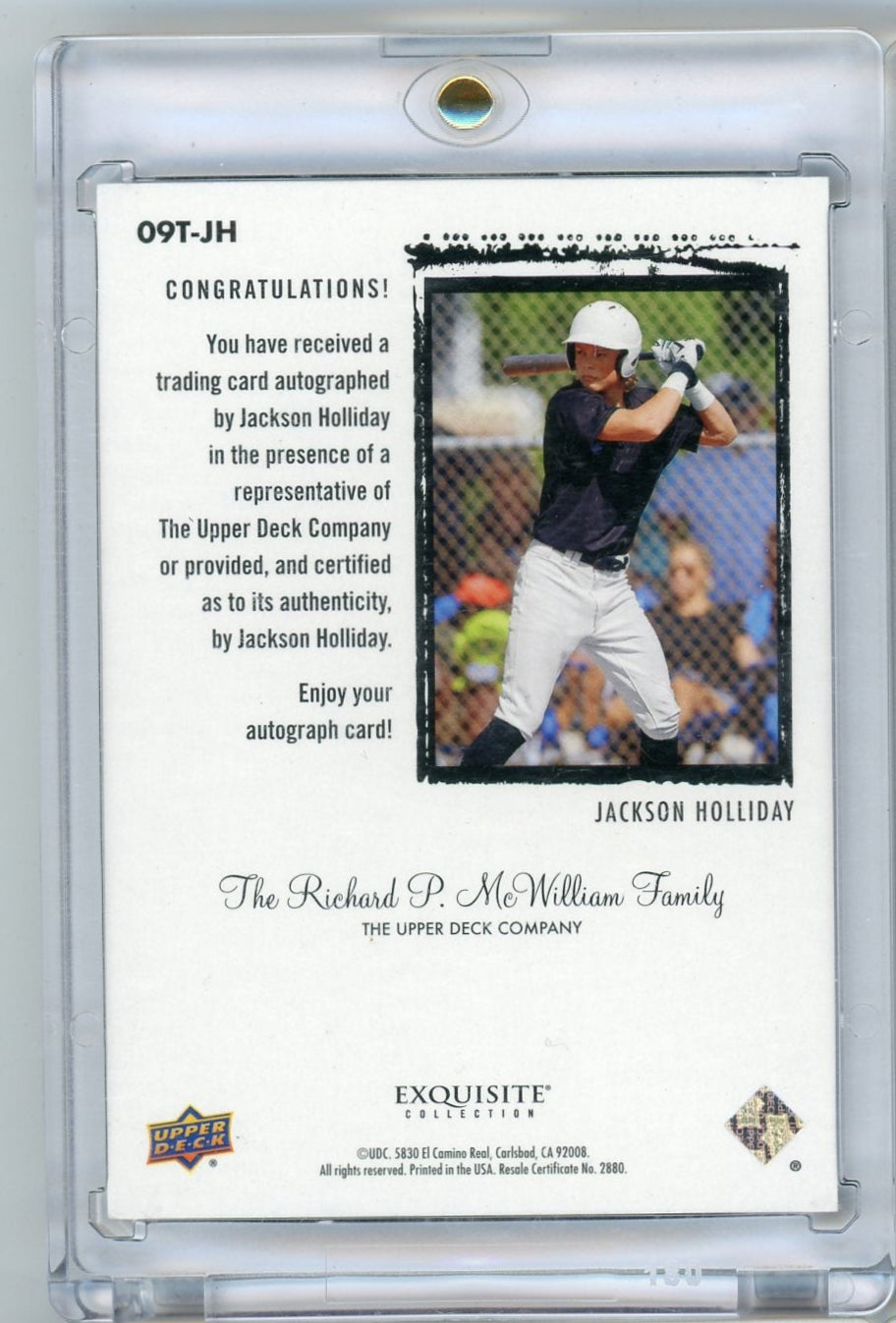 Jackson Holliday 2023 Upper Deck Exquisite Rookie Autograph #'d 46/49