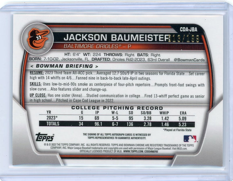 Jackson Baumeister 2023 Bowman Chrome 1st Bowman Aqua Lava Autograph 