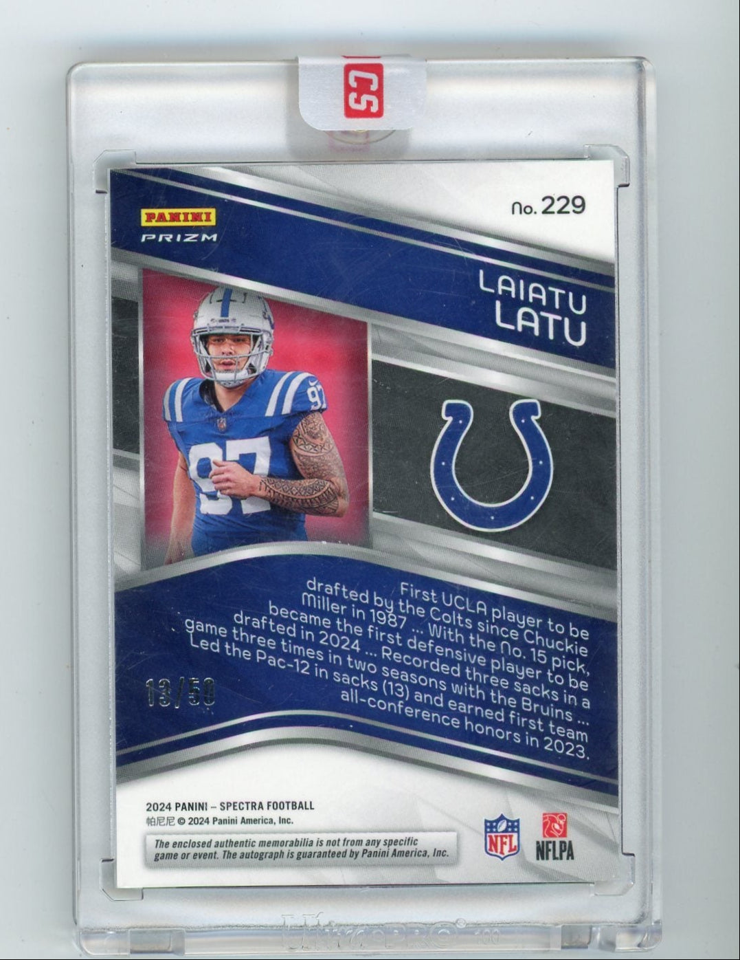 Laiatu Latu 2024 Panini Spectra Neon Blue Prizm RPA #'d 13/50