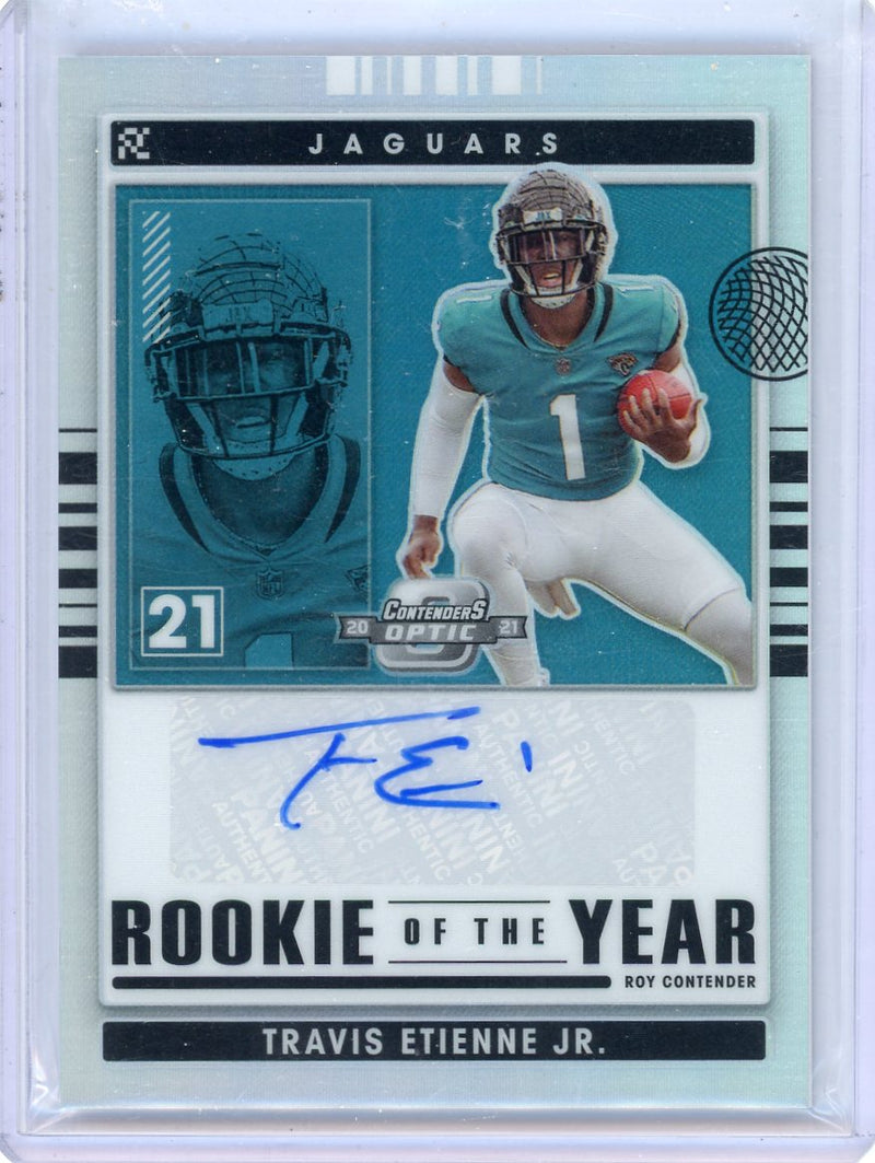 Travis Etienne Jr. 2021 Panini Contenders Optic ROTY silver holo variation autograph rookie card 