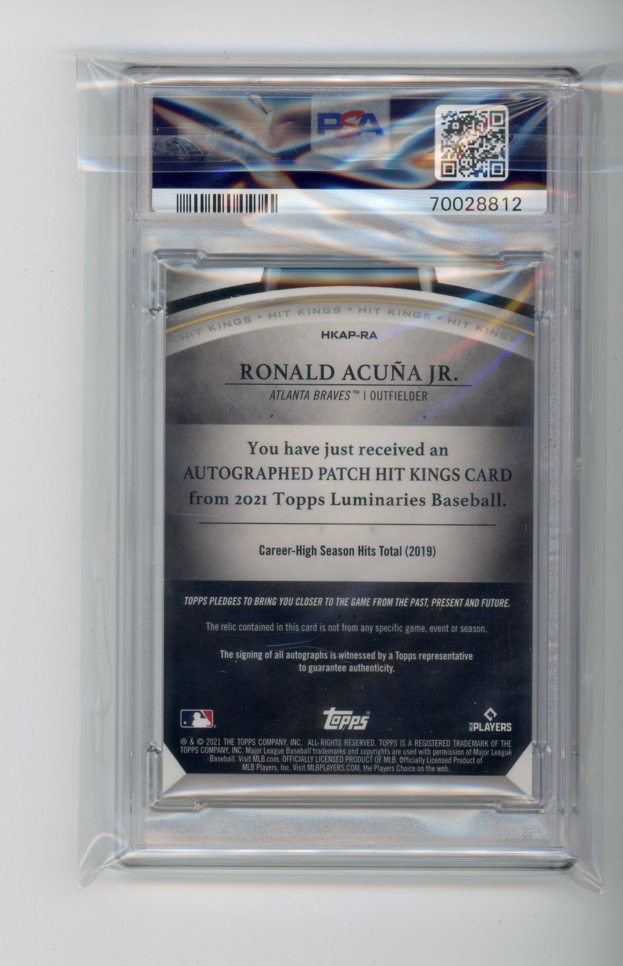 Ronald Acuna Jr. 2021 Topps Luminaries Hit Kings Autograph Relics #8/15 PSA 9