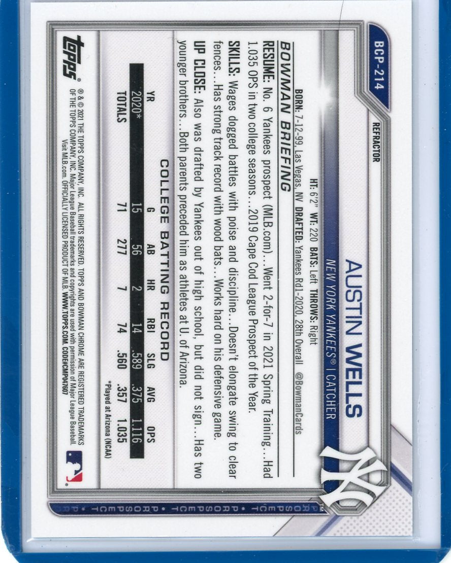 Austin Wells 2021 Bowman Chrome refractor #'d 443/499