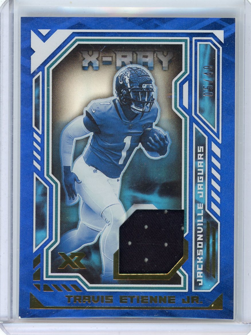 Travis Etienne Jr. 2021 Panini XR X-Ray blue jersey relic rookie card #'d 05/49