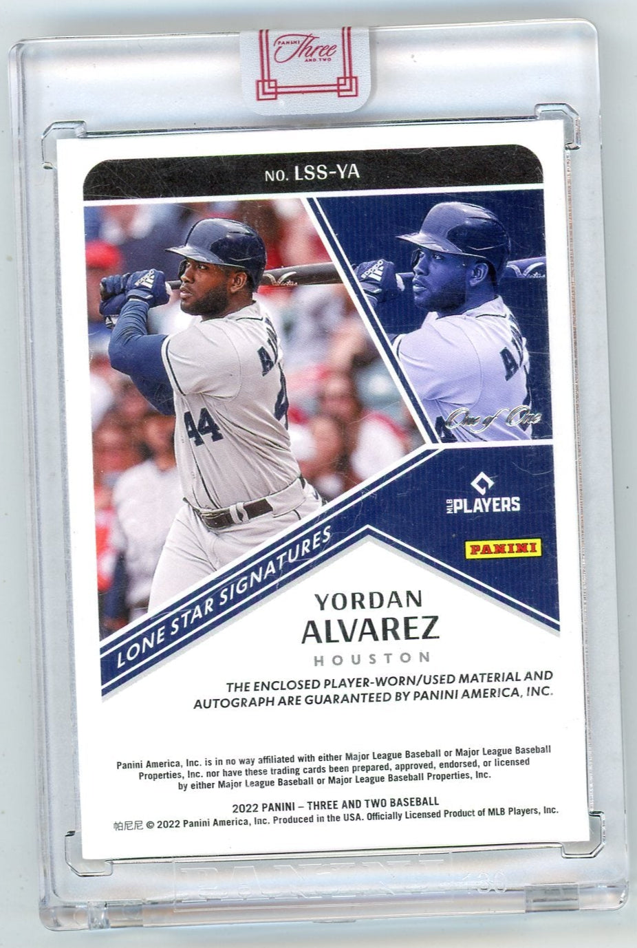 Yordan Alvarez 2022 Panini Three & Two Baseball Lone Star Signatures Platinum #'d 1/1