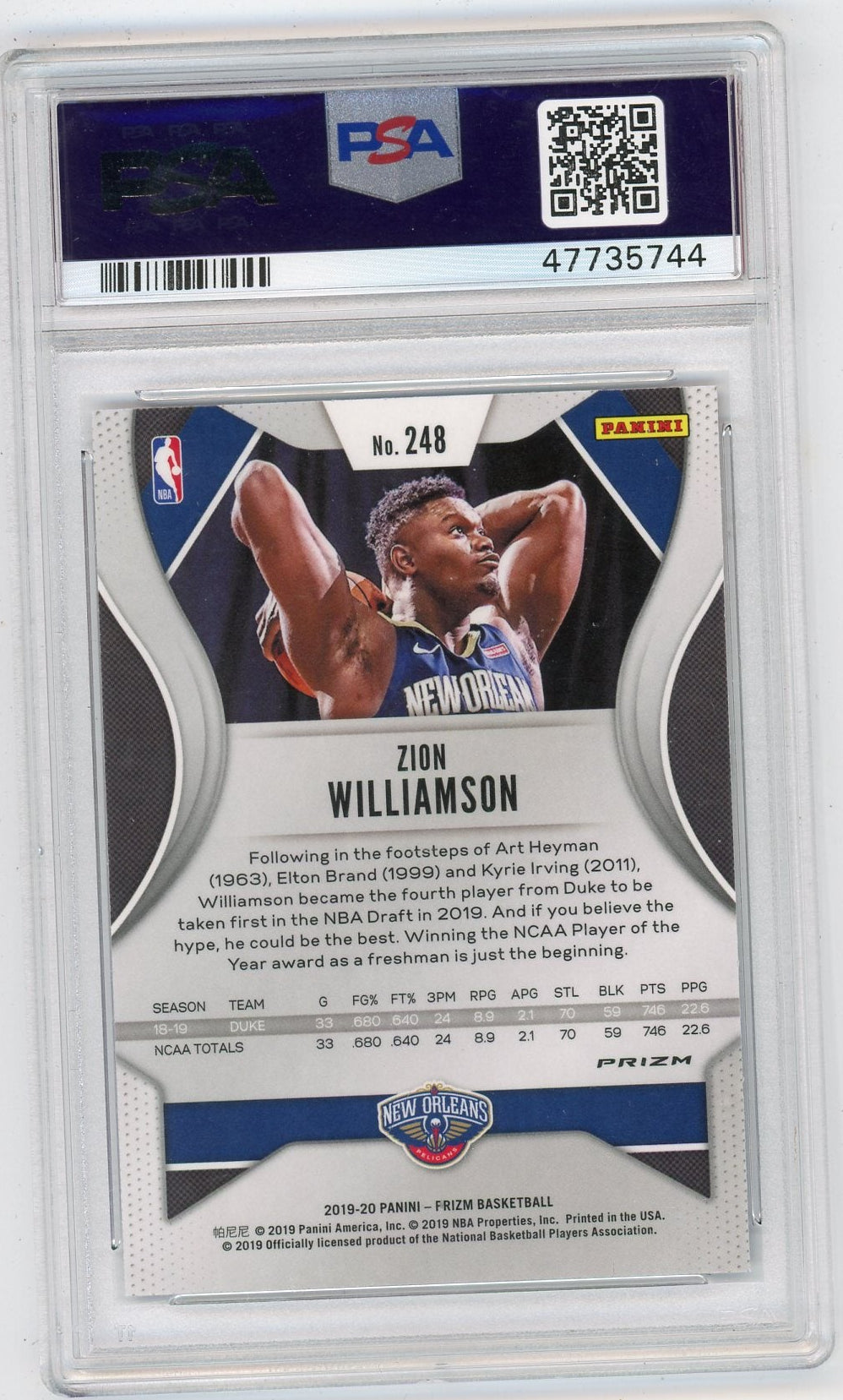 Zion Williamson 2019 Panini Prizm Red White Blue Prizm Rookie PSA 10
