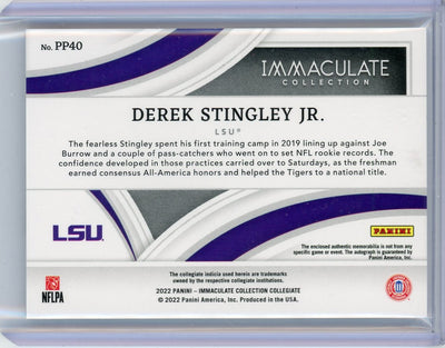 Derek Stingley Jr. 2022 Panini Immaculate Collegiate autograph relic #'d 40/49