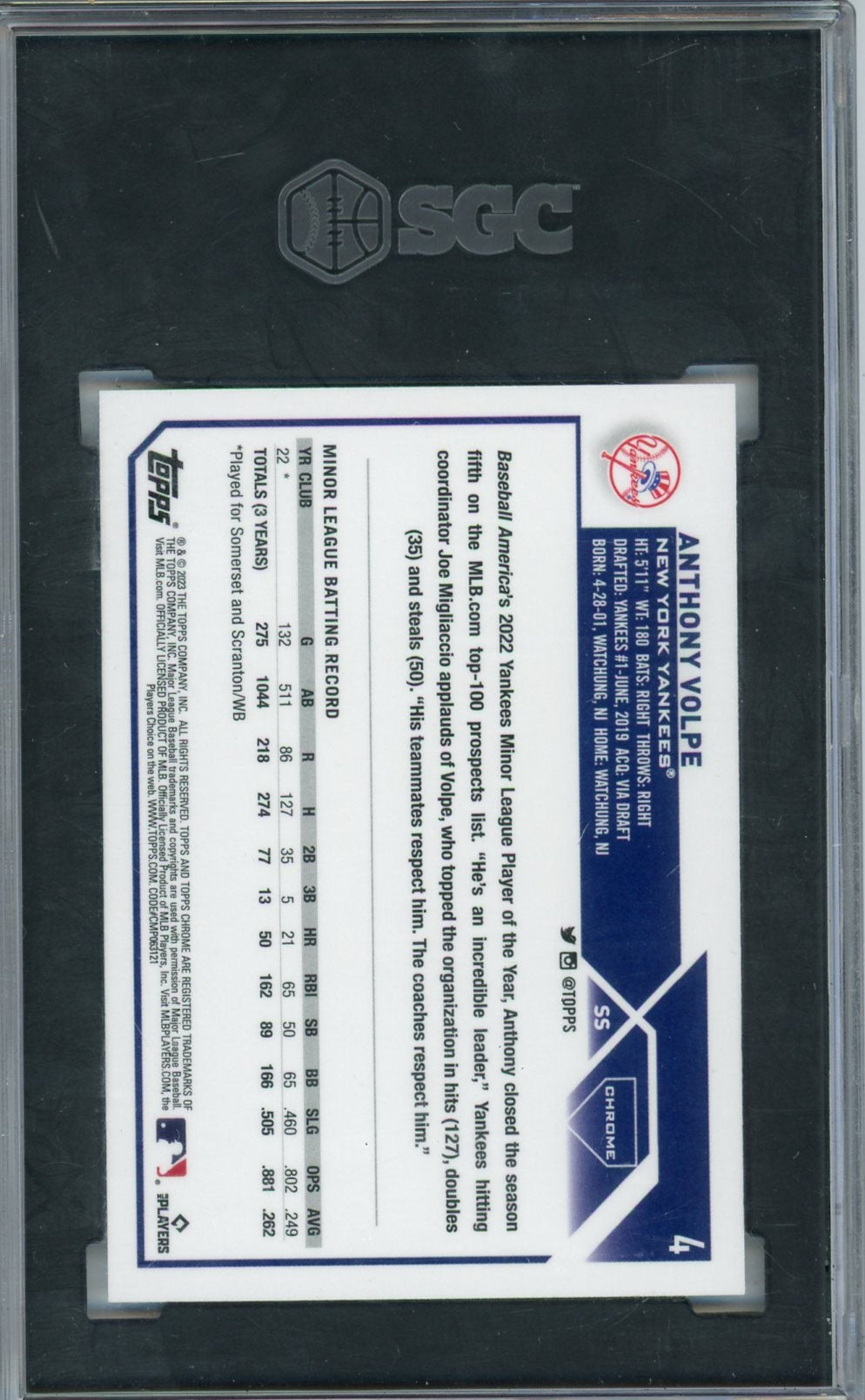 Anthony Volpe 2023 Topps Chrome Rookie Card SGC 9.5