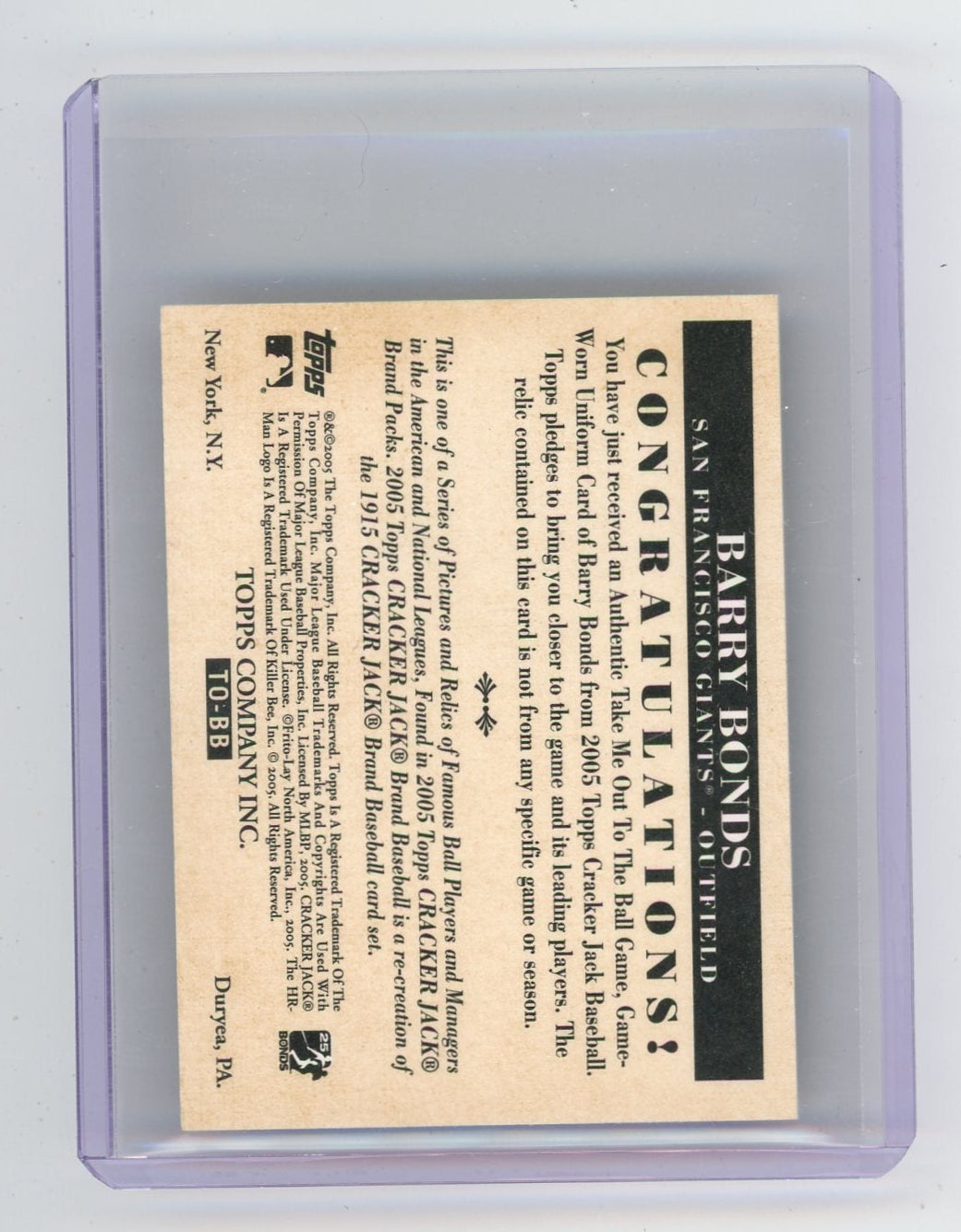 Barry Bonds 2005 Topps Cracker Jack game-used relic