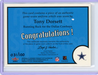 Tony Dorsett 2001 Fleer Showcase Awards Showcase '77 ROTY auth. game-used jersey relic #'d 031/100