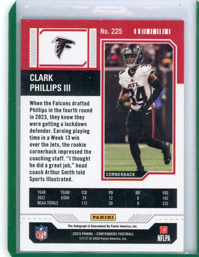 Clark Phillps III 2023 Panini Contenders Green Laser Auto
