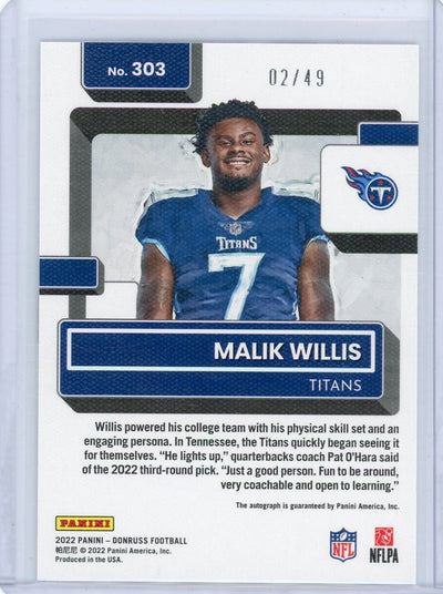 Malik Willis 2022 Panini Donruss Canvas autograph rookie card #'d 02/49