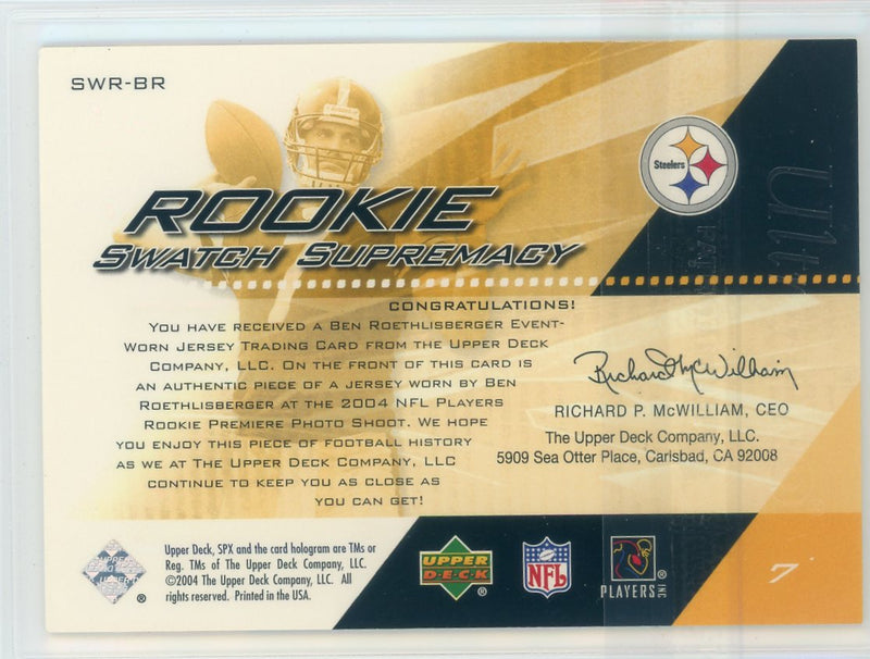 Ben Roethlisberger 2004 Upper Deck SPX Rookie Swatch Supremacy auth. game-used jersey relic