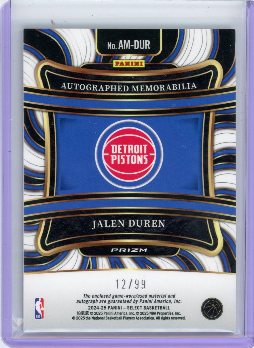 Jalen Duren 2024-25 Panini Select Autograph Materials Purple #'d 12/99
