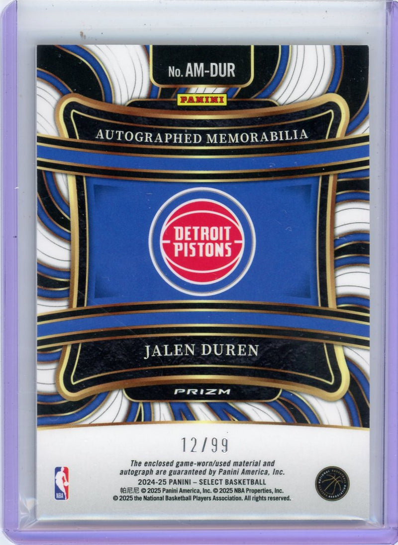 Jalen Duren 2024-25 Panini Select Autograph Materials Purple 