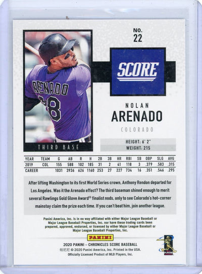 Nolan Arenado 2020 Panini Chronicles Score purple #'d 04/25