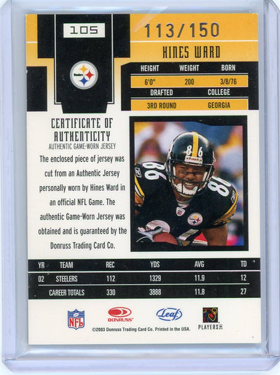 Hines Ward 2003 Donruss Leaf Certified Materials mirror red auth. game-used jersey relic #'d 113/150