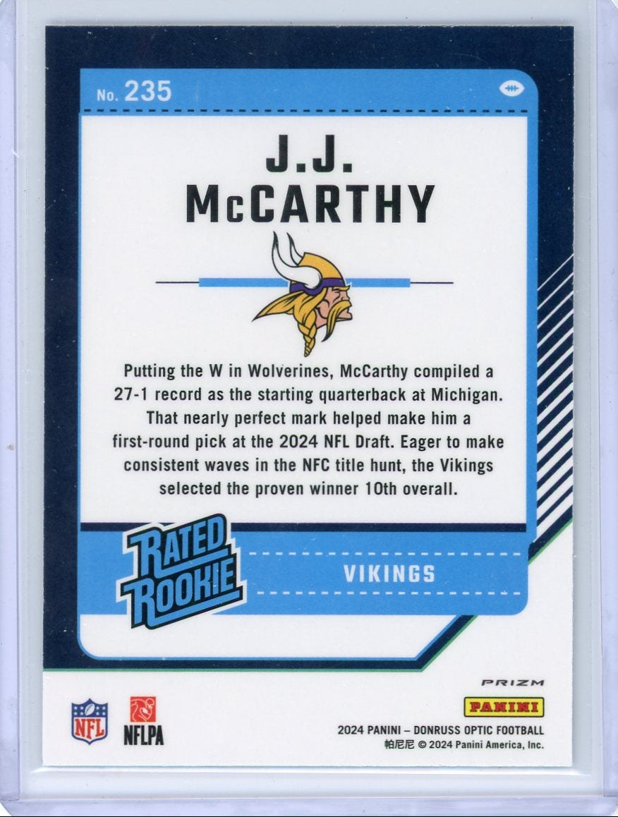 JJ McCarthy 2024 Panini Donruss Optic Stars prizm rookie card