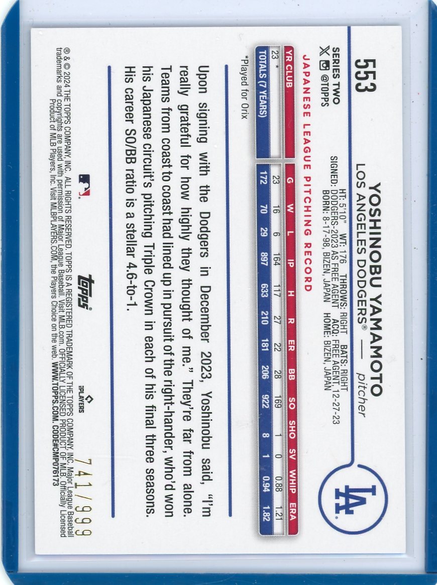 Yoshinobu Yamamoto 2024 Topps blue holo foil rookie card #'d 741/999