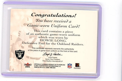 Howie Long 2001 Fleer Game Time Fame Time auth. game-used jersey relic #'d 018/100