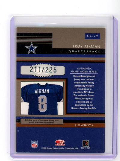 Troy Aikman 2003 Donruss Gridiron Kings Gridiron Cut auth. game-used jersey relic #'d 211/225