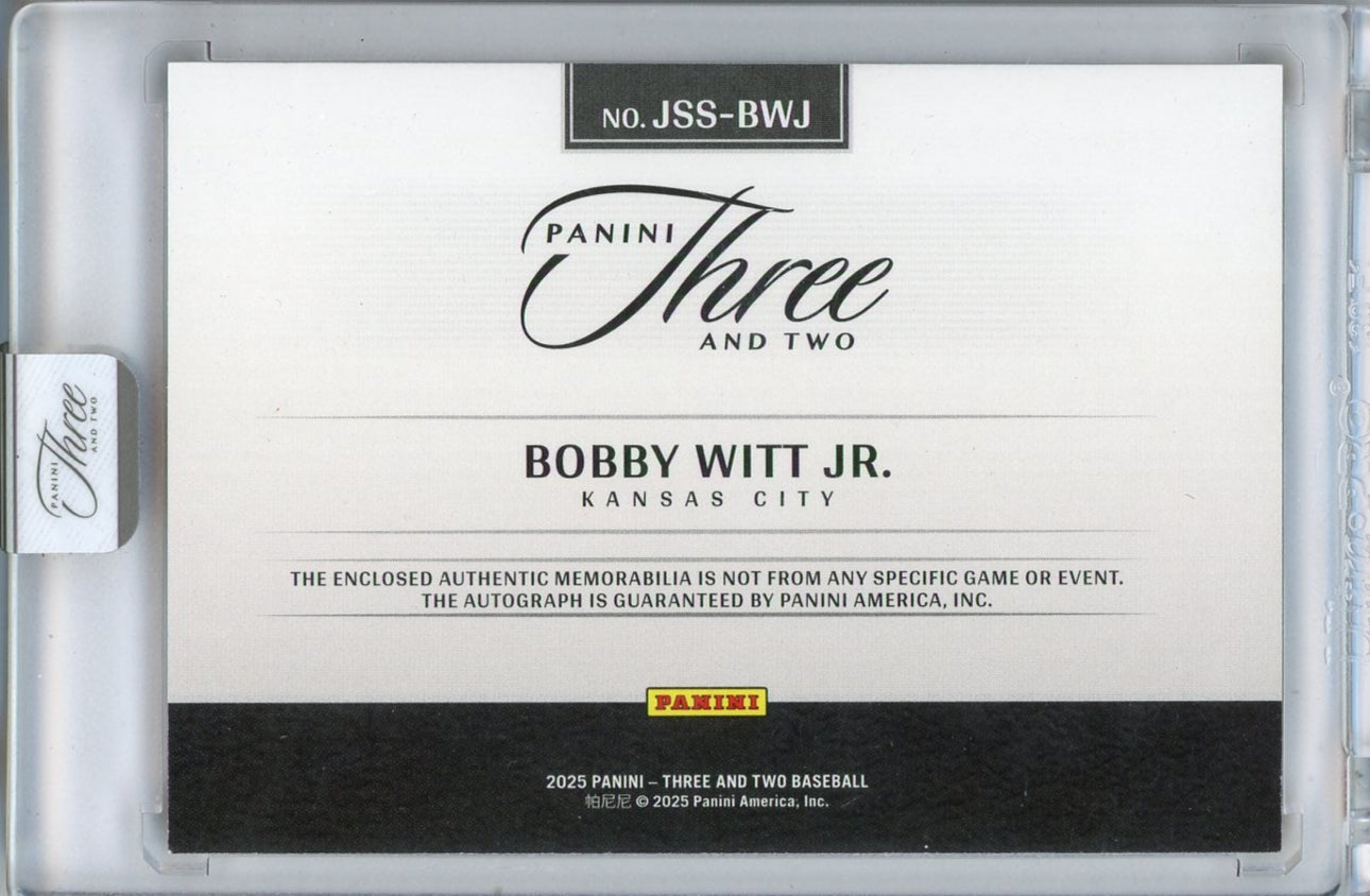 Bobby Witt Jr. 2025 Panini Three and Two Jersey Swatch Signatures #'d 22/49