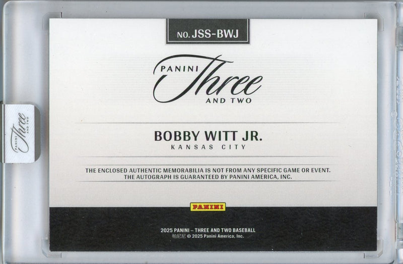 Bobby Witt Jr. 2025 Panini Three and Two Jersey Swatch Signatures 