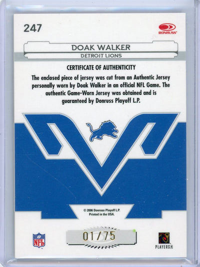 Doak Walker 2006 Donruss Leaf Certified Materials Immortals auth. game-used jersey relic #'d 01/75