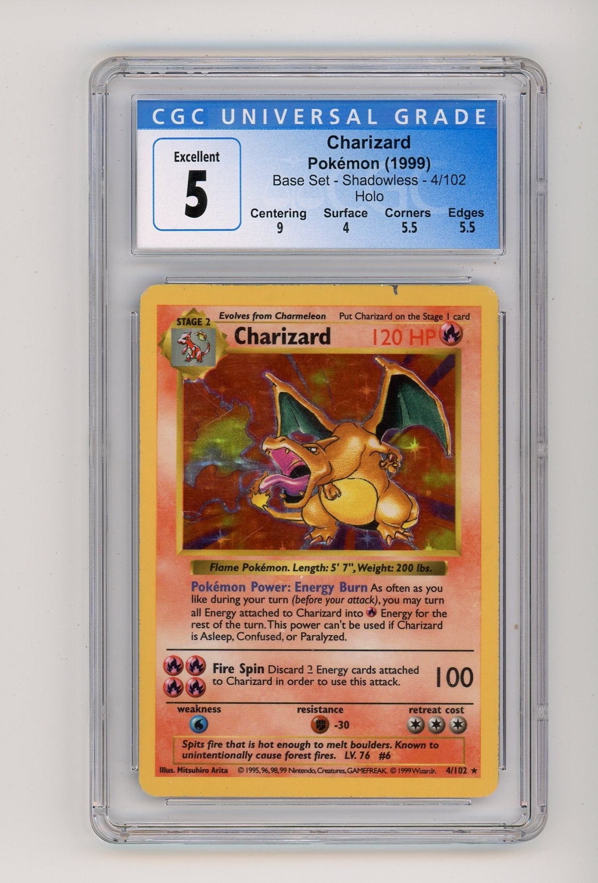 Charizard 1999 Pokémon Base Set Shadowless #4/102 CGC 5