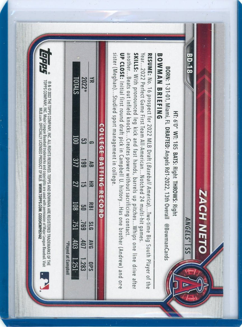 Zach Neto 2022 Bowman 1st Edition 1st Bowman Sky Blue Foil