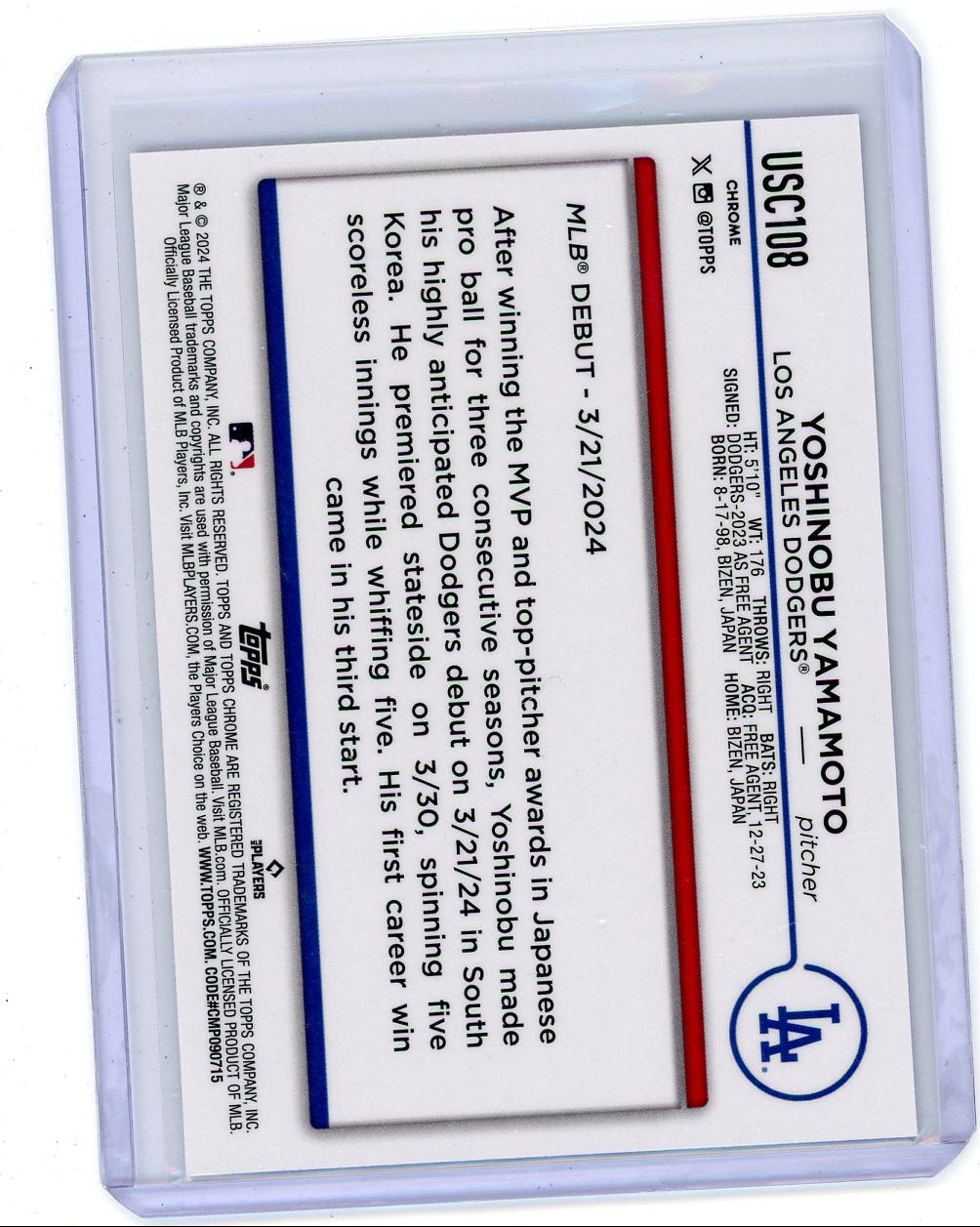 Yoshinobu Yamamoto 2024 Topps Chrome Update Rookie Debut rookie card