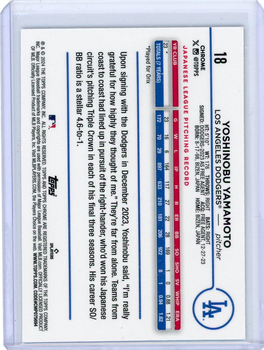 Yoshinobu Yamamoto 2024 Topps Chrome rookie card