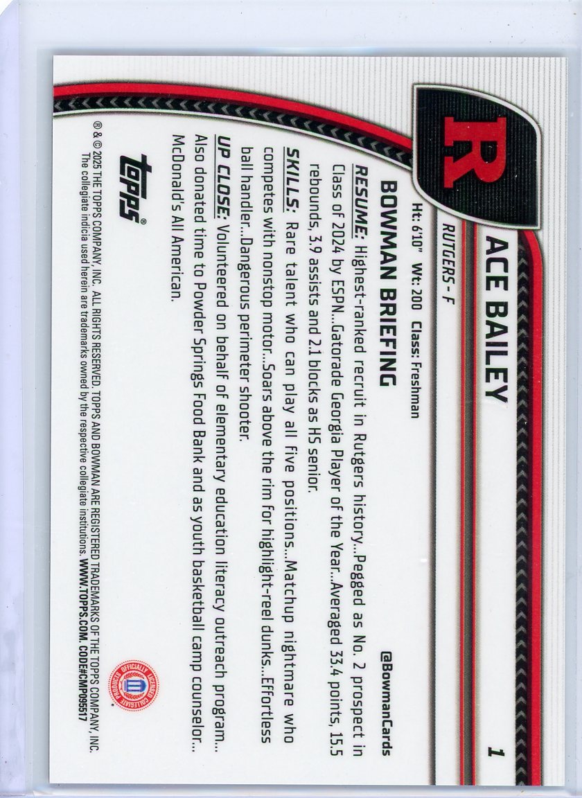 Ace Bailey 2025 1st Bowman Chrome University Black/White Stealth ref. #'d 07/48