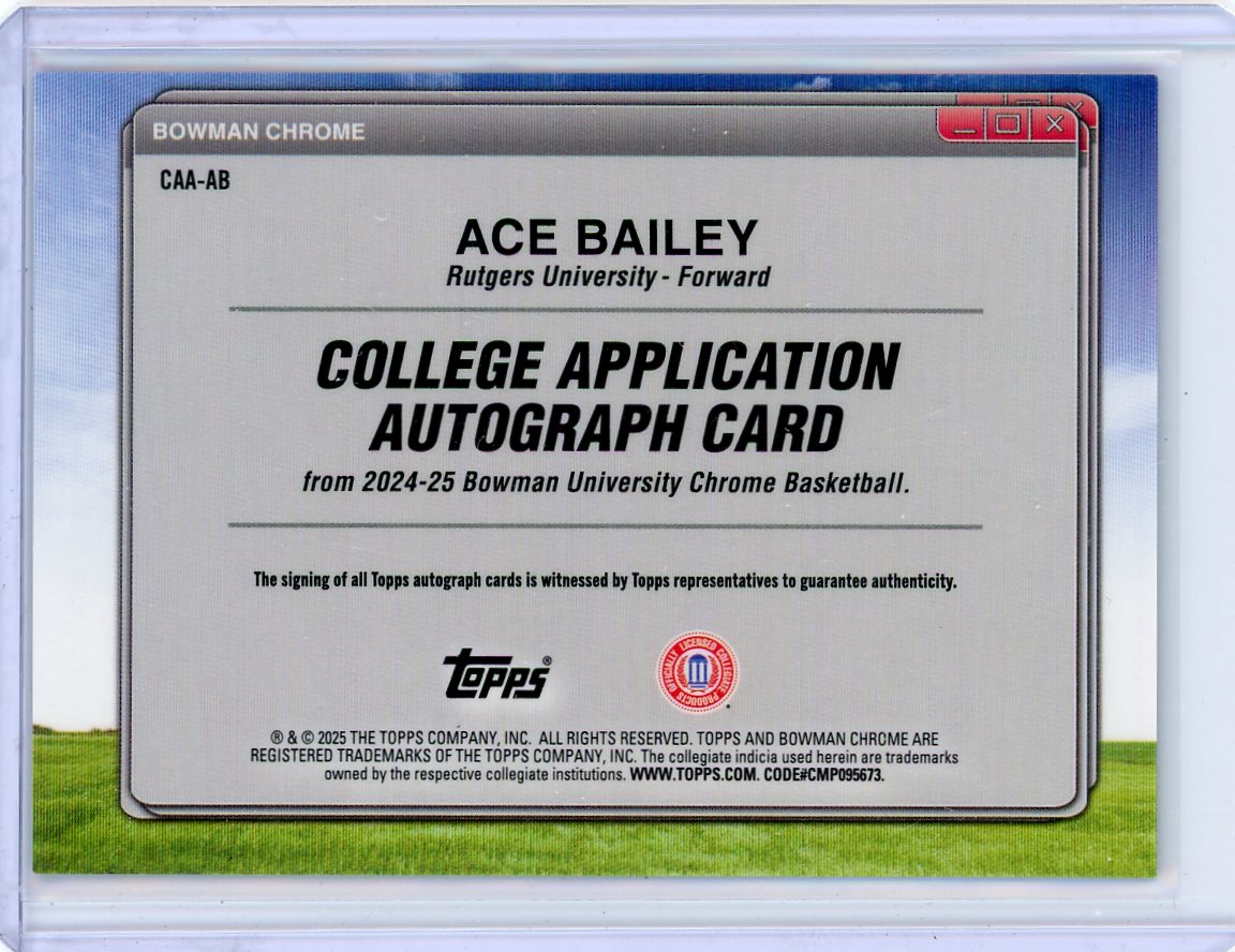 Ace Bailey 2025 Bowman Chrome University College Application autograph