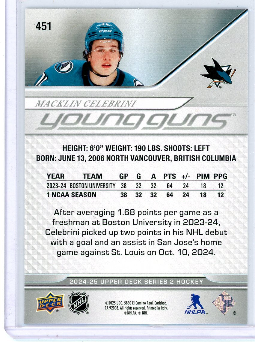 Macklin Celebrini 2024-25 Upper Deck Series 2 Young Guns #451 RC