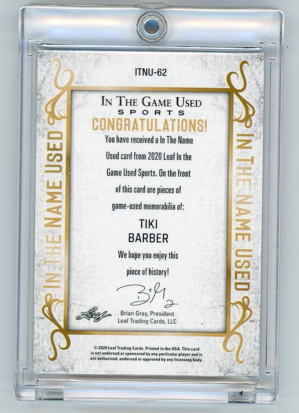Tiki Barber 2020 Leaf In The Game Used Sports In The Name Used 'A' Jersey Relic #'d 4/6
