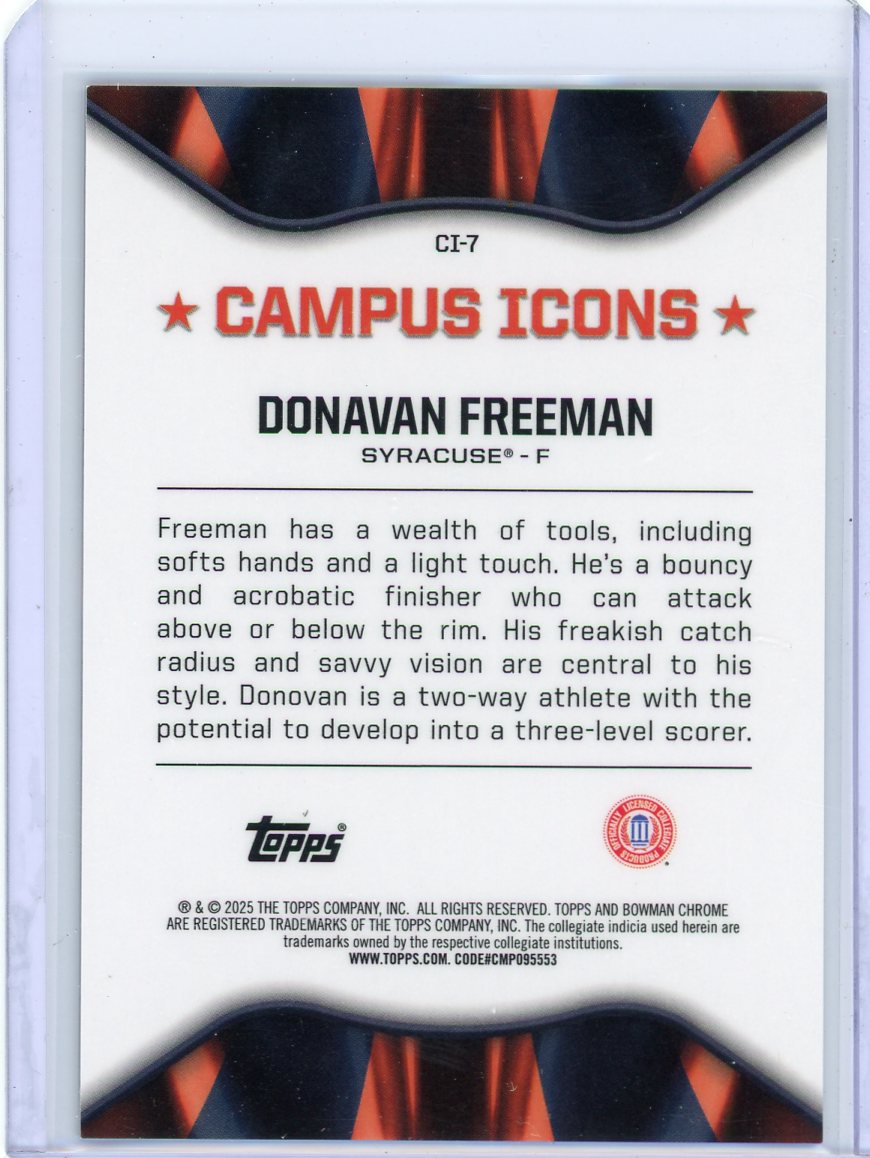 Donavan Freeman 2025 Bowman Chrome University Campus Icons Black/White Stealth ref. #'d 28/48