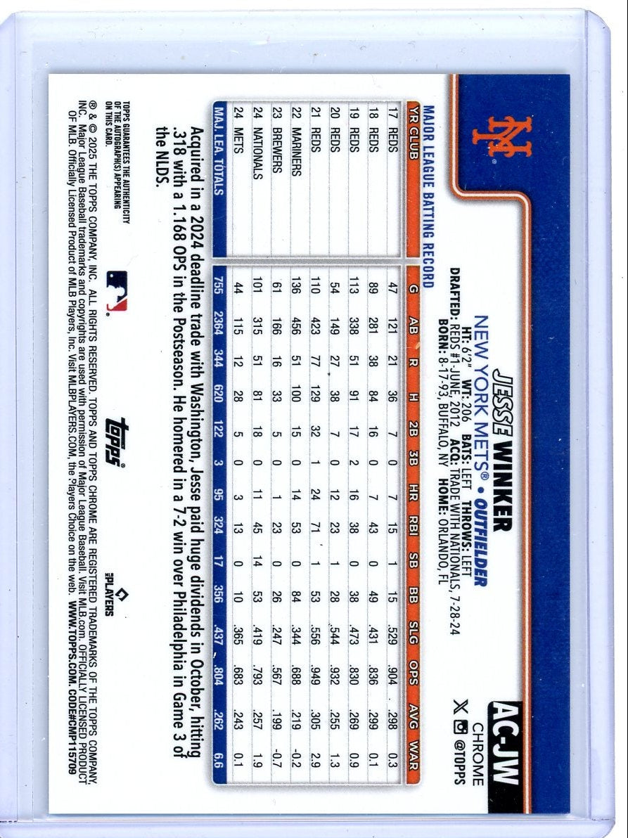 Jesse Winker 2025 Topps Chrome Update blue raywave autograph #'d 064/150