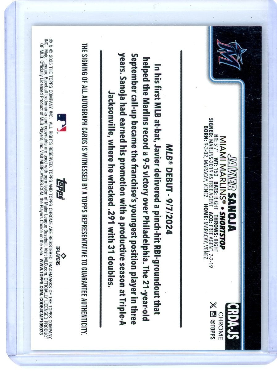 Javier Sanoja 2025 Topps Chrome Update purple mini diamond ref. autograph rookie card #'d 240/299