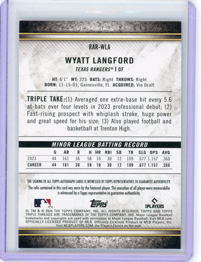 Wyatt Langford 2024 Topps Triple Threads autograph relic rookie card #'d 44/50