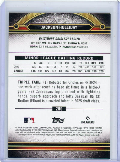 Jackson Holliday 2024 Topps Triple Threads rookie card yellow #'d 15/75