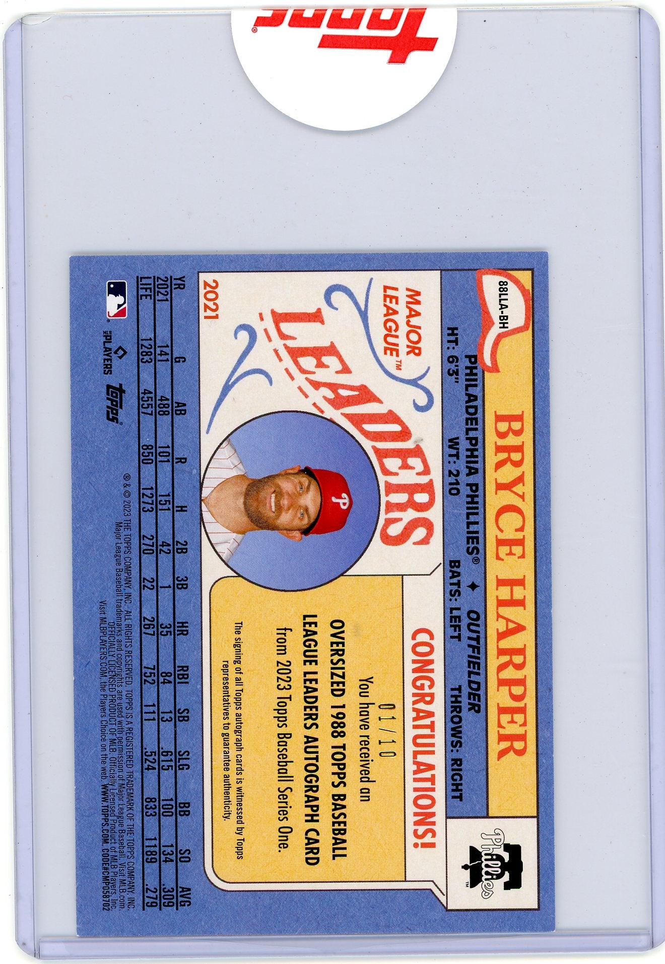 Bryce Harper 2023 Topps Series 1 Oversized 1988 League Leaders Auto #'d 1/10