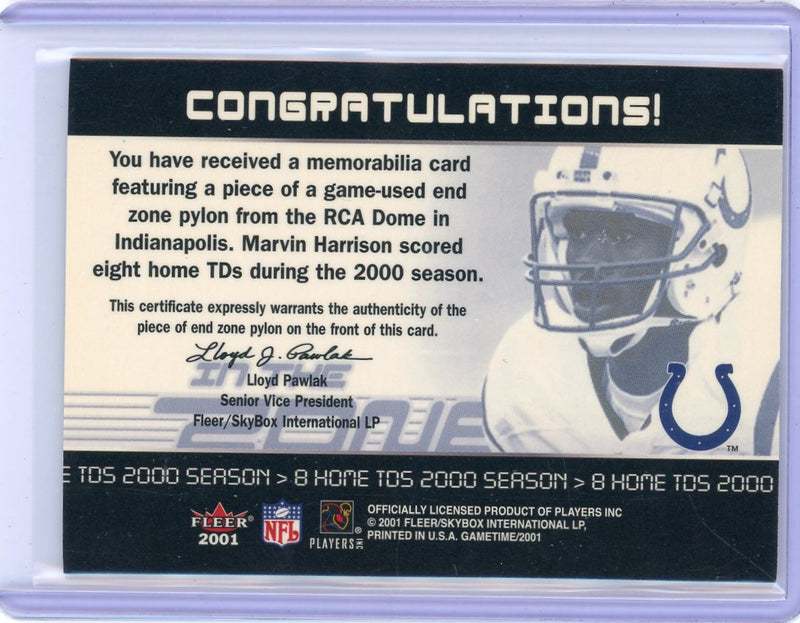 Marvin Harrison 2001 Fleer Game Time In the Zone auth. game-used pylon relic